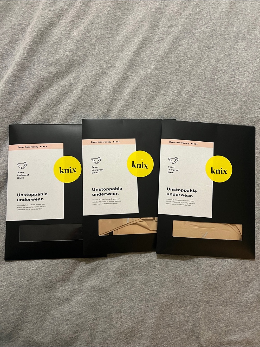 knix Unstoppable Underwear x3 Pack — Black x1 & Warm Sandx2